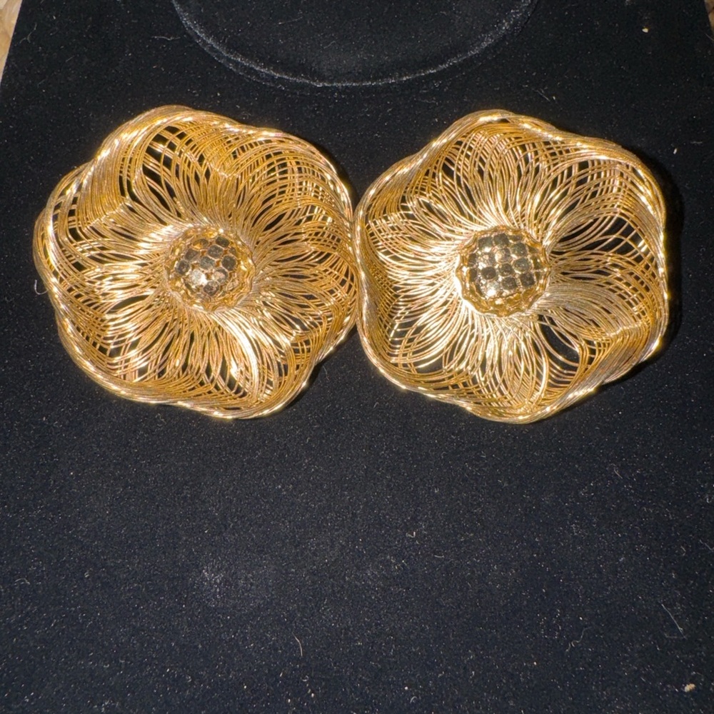 Oversized Gold Tone Flower Statement Earrings Vintage Runway Style
